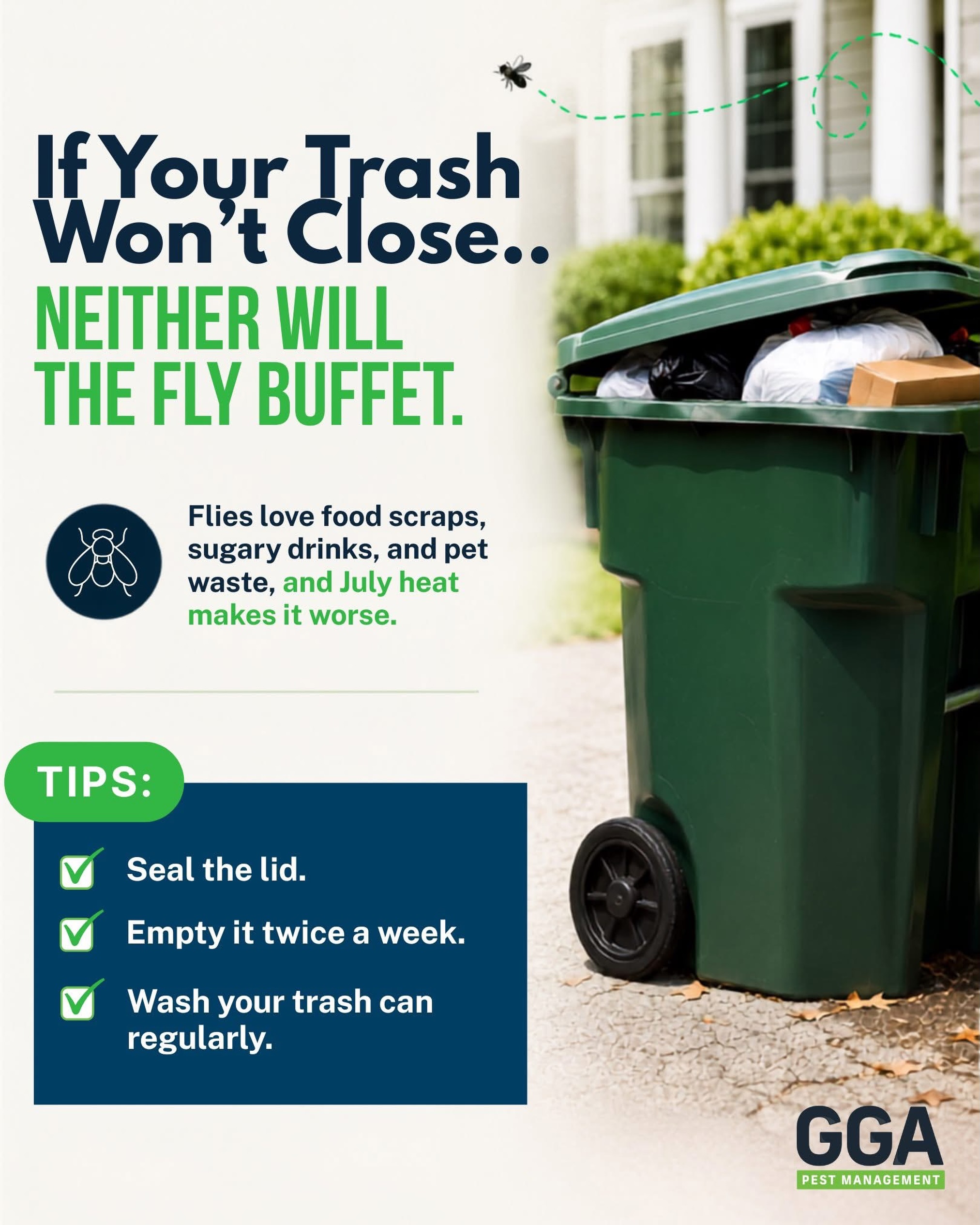 🪰An overflowing trash can is one of the easiest ways to attract flies during the summer. Food scraps, sugary drinks, and pet waste create the perfect breeding ground, especially in the July heat.

Here are a few simple ways to help keep flies away:

✅ Seal the lid tightly.
✅ Empty your trash can at least twice a week.
✅ Wash your trash can regularly to remove food residue and odors.

If you’re still seeing flies around your home, there may be more going on than just the trash can. Our team can help identify what’s attracting them and recommend the best solution.

