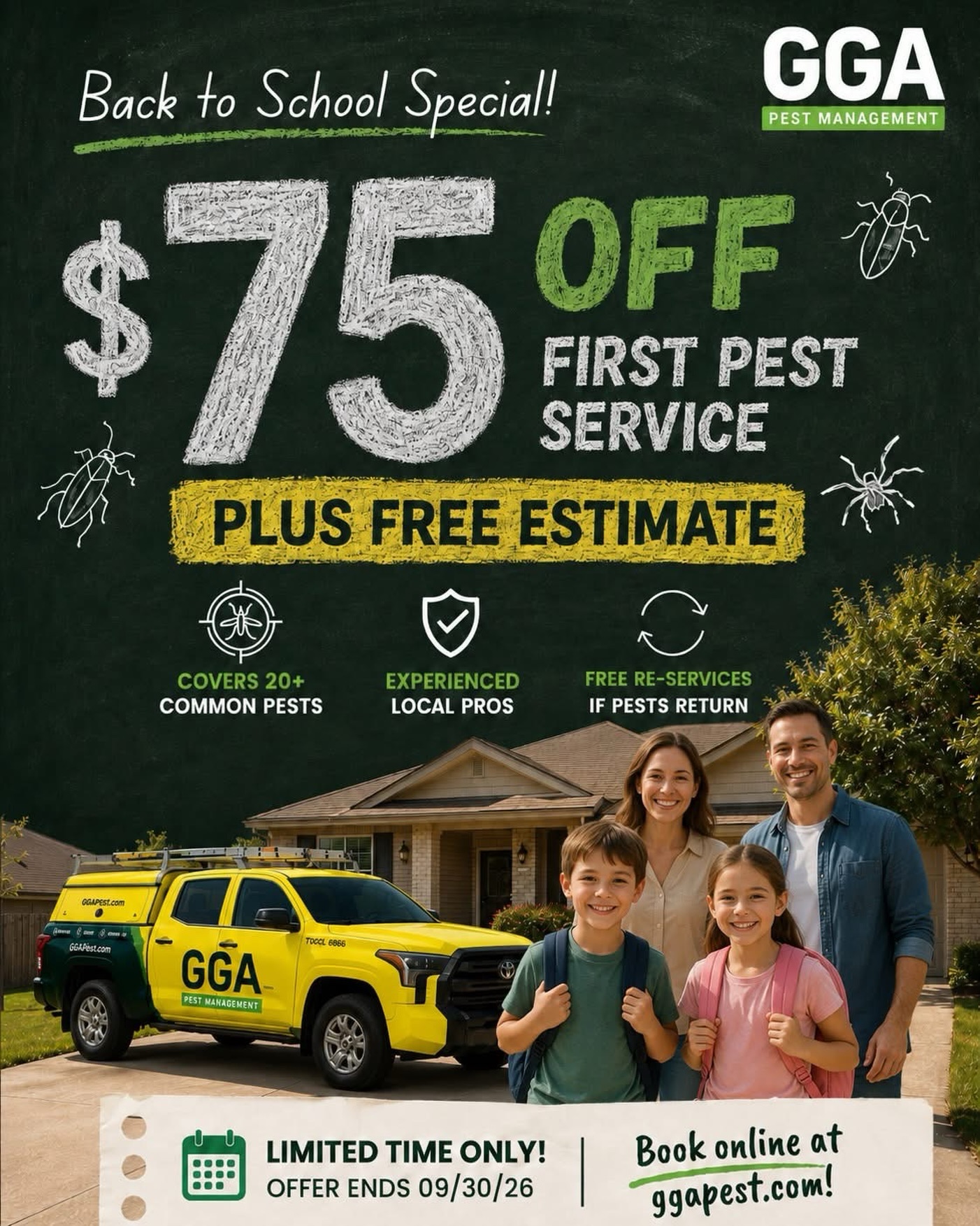 🎒📚 Start the school year with one less thing to worry about. For a limited time, get $75 OFF your first pest control service and start the school year with your home protected from 20+ common household pests.

Plus, with our recurring pest control plans, if pests return between scheduled services, so do we at no additional charge!

📍 Serving Waco, Temple, Killeen & surrounding areas
👉 Book your free estimate online at ggapest.com before this special offer ends on September 30, 2026. 

