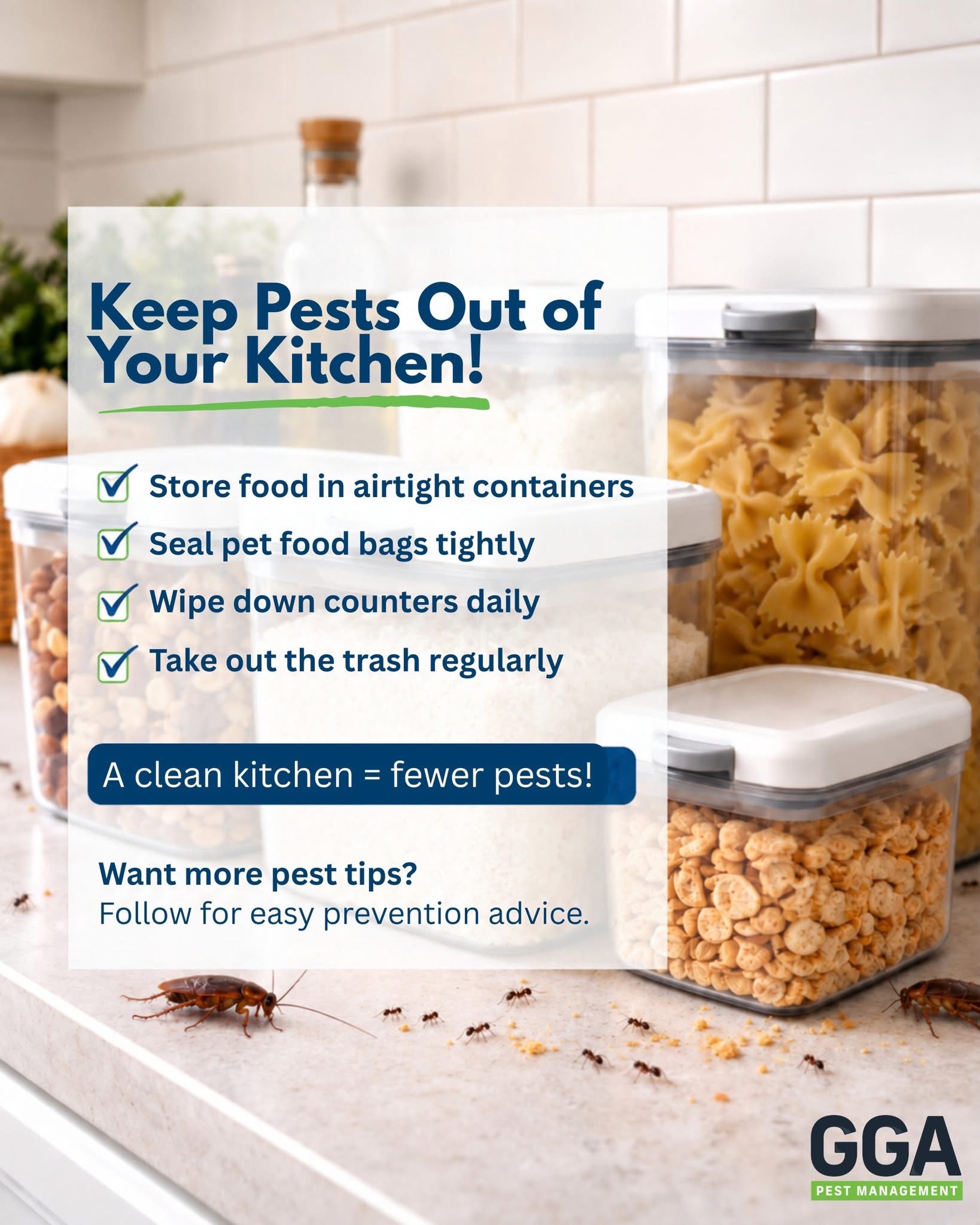 🍂 Fall is officially here and pests are looking for a cozy place to settle in, too! Your kitchen can be especially inviting when there’s easy access to food, crumbs, pet food, or trash. 🐜 

A few simple habits can help keep unwanted guests out this fall:
✔️ Store food in airtight containers
✔️ Seal pet food bags tightly
✔️ Wipe down counters daily + sweep crumbs 
✔️ Take out the trash regularly 

A clean kitchen = fewer reasons for pests to stick around! 🧹🫧

As the weather starts to cool down, now is a great time to make sure your home is protected for the season ahead. 

Schedule your free pest inspection at ggapest.com 

