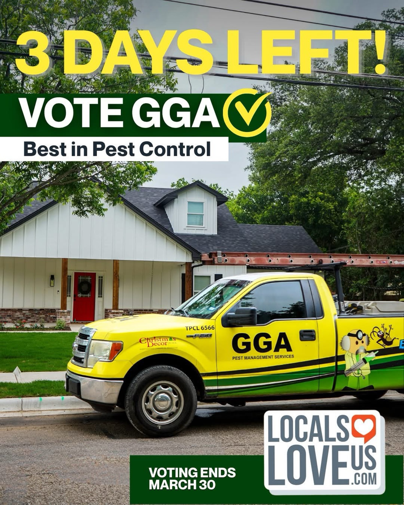 💚 3 MORE DAYS TO VOTE! 

We’re in the final stretch for Locals Love Us for “Best of Pest Control”, and we’d appreciate your support.

Supporting local means supporting real people, families, and small businesses in your community, and we’re grateful to be one of them.

👉 Vote here: https://localsloveus.com/vote/18941/

✔️ Services → Pest Control
✔️ Fill in GGA Pest Management

Ends March 30 at midnight

