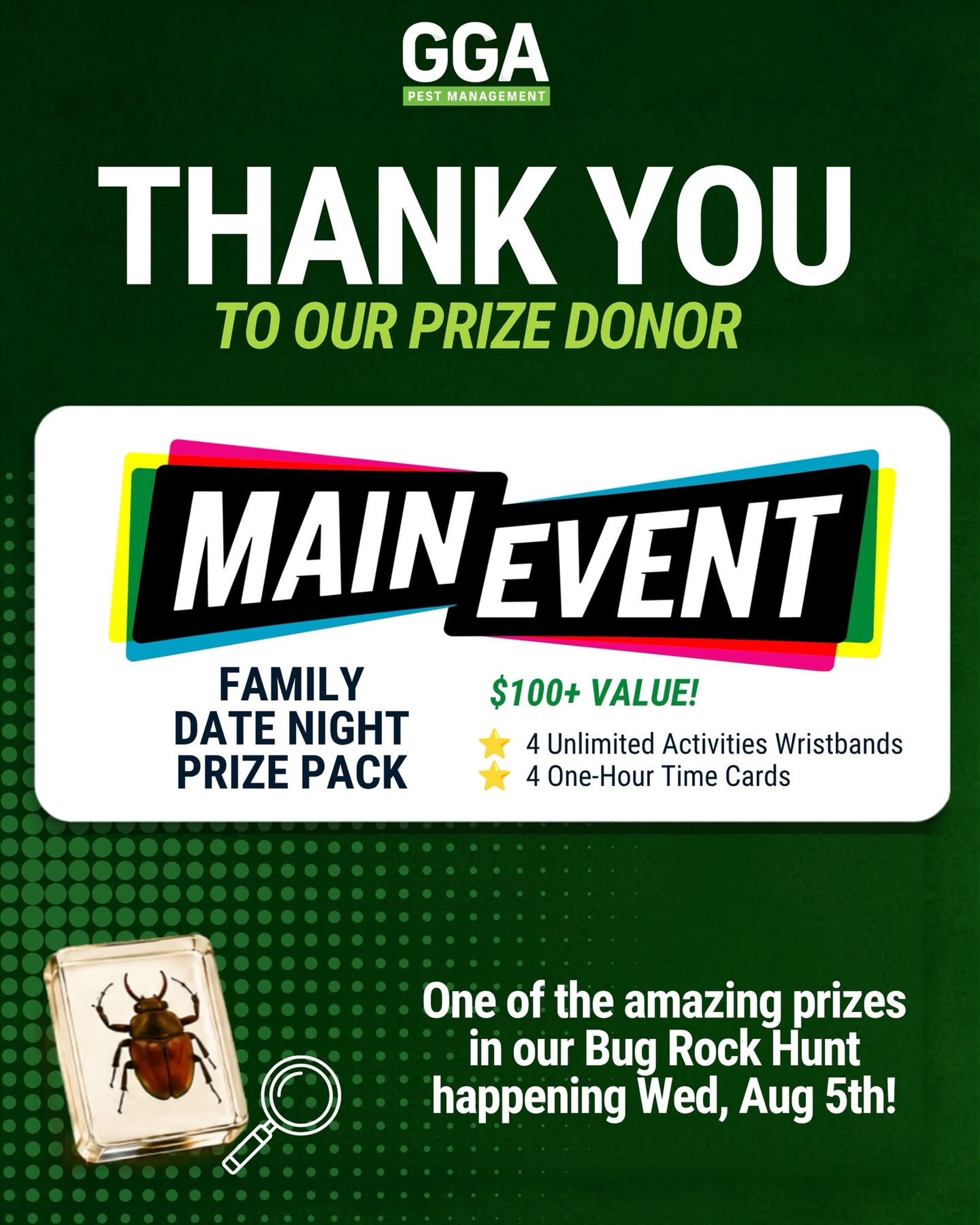 🎉A huge THANK YOU to Main Event Waco for donating a Family Prize Pack to our upcoming Bug Rock Hunt! 🪲🔎

One lucky family (or friend group!) will win:
⭐ 4 wristbands for unlimited activities
⭐ Four 1-hour time cards

We’re so grateful for businesses like Main Event Waco that help us create fun, family-friendly events for the community by giving back in such a generous way. 💚

Be sure to follow our page for all the upcoming Bug Rock Scavenger Hunt details and find out how you could win this awesome prize (+more!)

