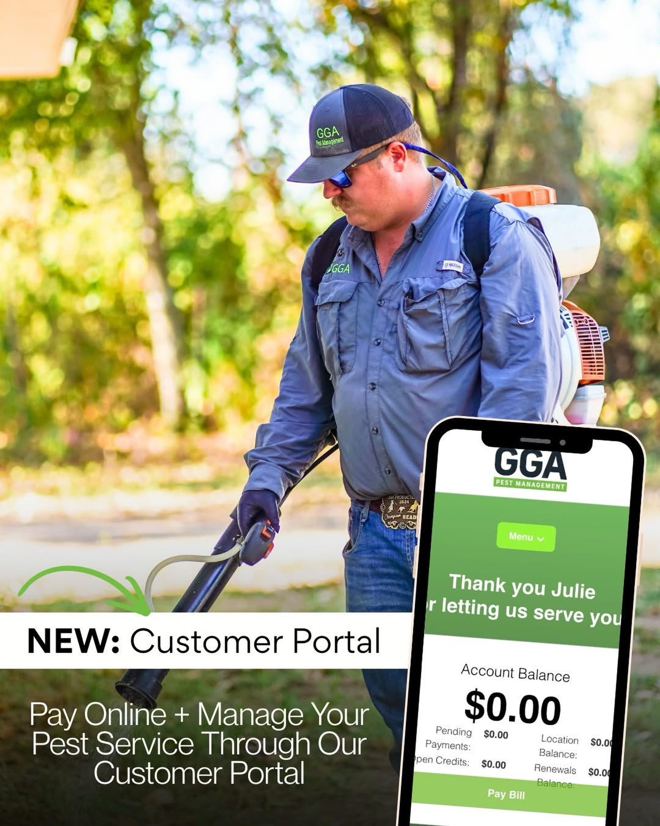 📲NEW: Manage Your Pest Service Online - Payments, Appointments & More!

We’re excited to announce our Customer Portal is officially LIVE for all current customers!🙌

Now you can manage your pest control service anytime, anywhere, right from your phone or computer.

Here’s what you can do inside the portal:
✅ Pay your bill online
✅ View your balance & billing details
✅ Request service appointments
✅ See technician notes from your most recent visit
✅ View upcoming appointments + service history

Getting started is easy:
1️⃣ Click the portal link: https://ggapest.pestconnect.com/login 
2️⃣ Create your login using the email/phone we have on file
3️⃣ Log in and access everything in one place

