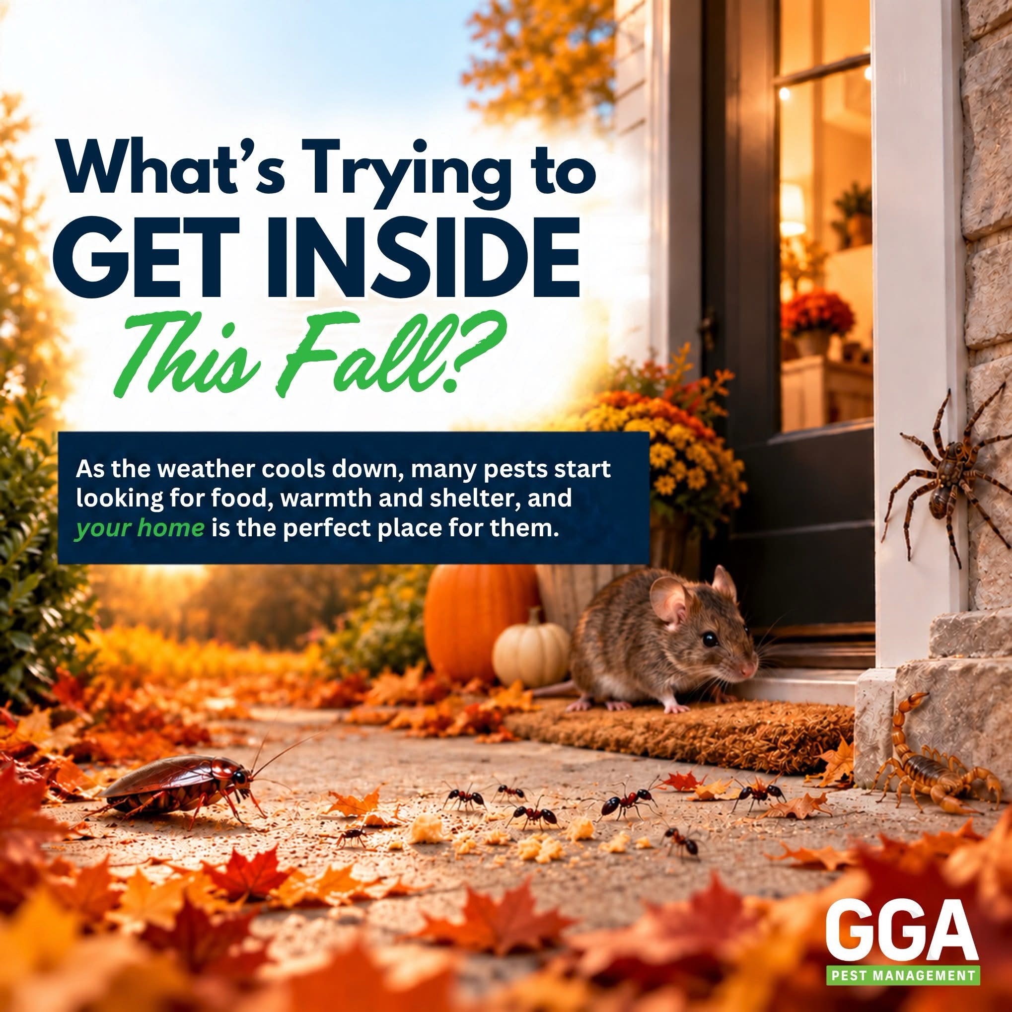 As the seasons change, so do the places pests look for food and shelter. 🍂  During the fall, your home can provide pests with some of the things they’re searching for, including warmth, water, food, and protected places to hide.

Spiders may follow other pests indoors, while roaches are drawn to food, water, and warm hiding spots. 🕷️ Rodents can squeeze through surprisingly small openings while searching for shelter, too. 🐭 

Swipe through the graphics to learn more about the pests you may notice around your home this fall. 👉

