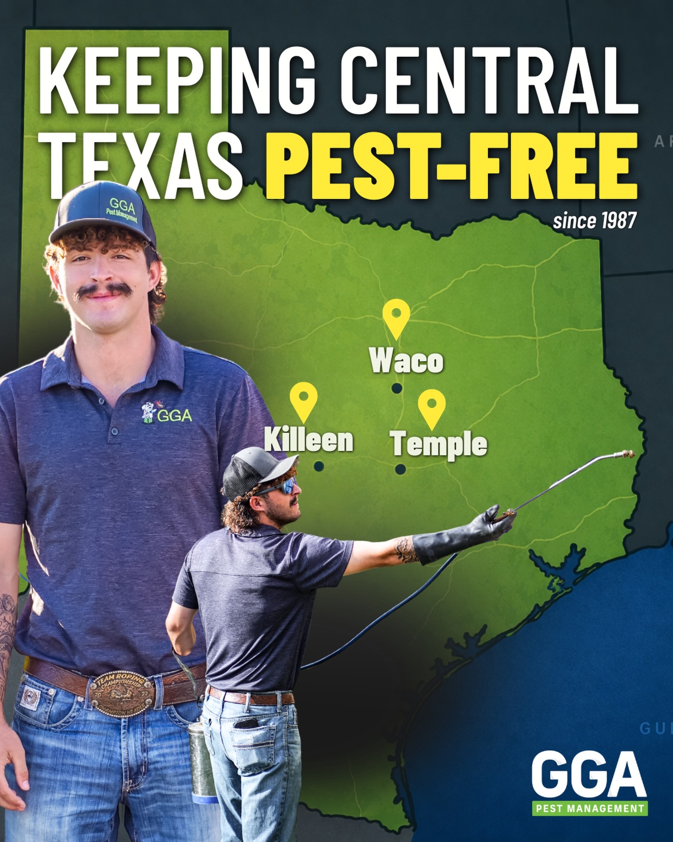 If you’re in Central Texas… your bugs are covered.✅

We’ve been protecting homes and businesses in Waco, Temple, Killeen, and all surrounding areas for 39 years.

Whether it’s termite treatments, rodent control, general pest service, or mosquito protection, our team knows what to look for, where to treat, and how to keep problems from coming back.

𝗪𝗲’𝗿𝗲 𝗻𝗼𝘁 𝘀𝗼𝗺𝗲 𝗼𝘂𝘁-𝗼𝗳-𝘁𝗼𝘄𝗻 𝗰𝗼𝗺𝗽𝗮𝗻𝘆, we live and work right HERE in Central Texas. We understand the properties and the kinds of pest issues that come with this area. 🏡

So whether you’re trying to stay ahead of a problem or take care of one that’s already started, we’ve got you covered. 

Book online! Free pest inspections.🕷️ ggapest.com

