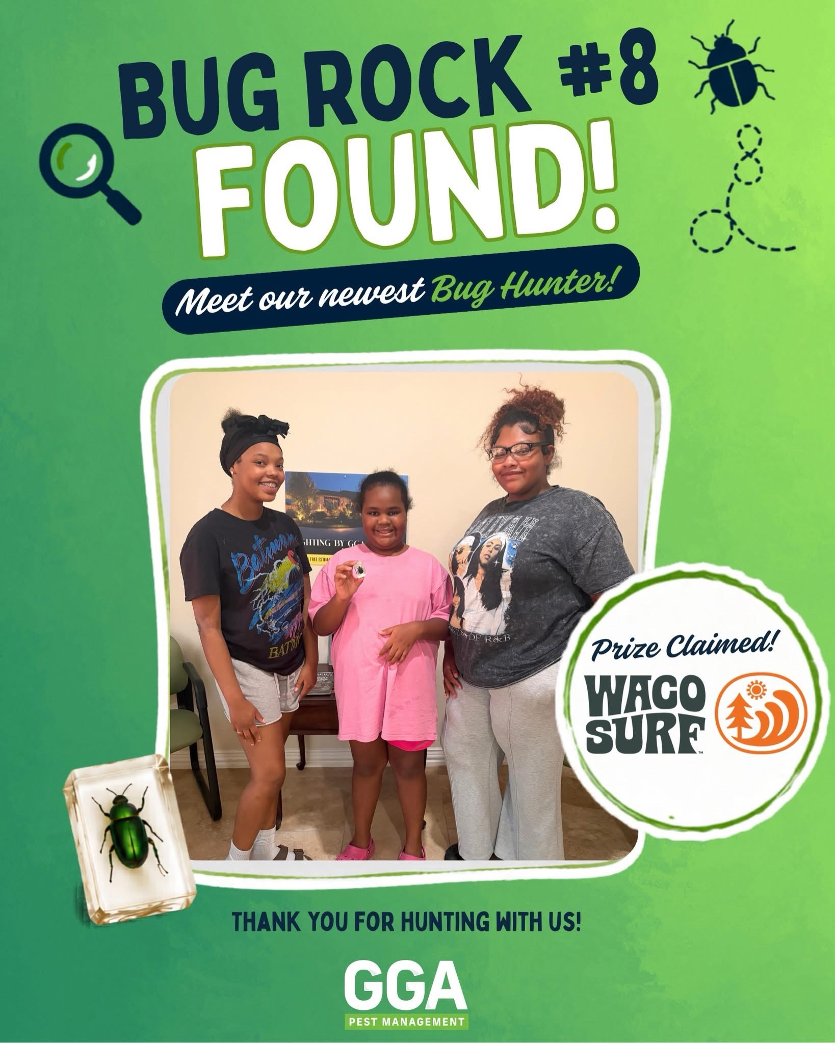 🎉🪲 Congratulations to all of our Bug Rock Scavenger Hunt winners! 🪲🎉

Thank you to everyone who came out and made this event such a success! We loved seeing so many families exploring, working together, and having fun throughout the hunt. 💚

This year’s prizes included:
✅ Hawaiian Falls Waco Family 4-Pack
✅ $75 Cinemark Gift Card
✅ 2 VIP Concert Tickets to The Backyard Waco
✅ $50 Topgolf Gift Card
✅ Main Event Family Prize Pack
✅ Mayborn Museum Family 4-Pack
✅ 2 Waco Escape Rooms Entry Tickets
✅ $100 Waco Surf Gift Card

💚 A special thank you to Main Event Waco and The Backyard Waco for generously donating prizes and helping make this event possible!

Follow our page and stay tuned… we hope to bring more fun community events like this in the future! 🪲🎉

