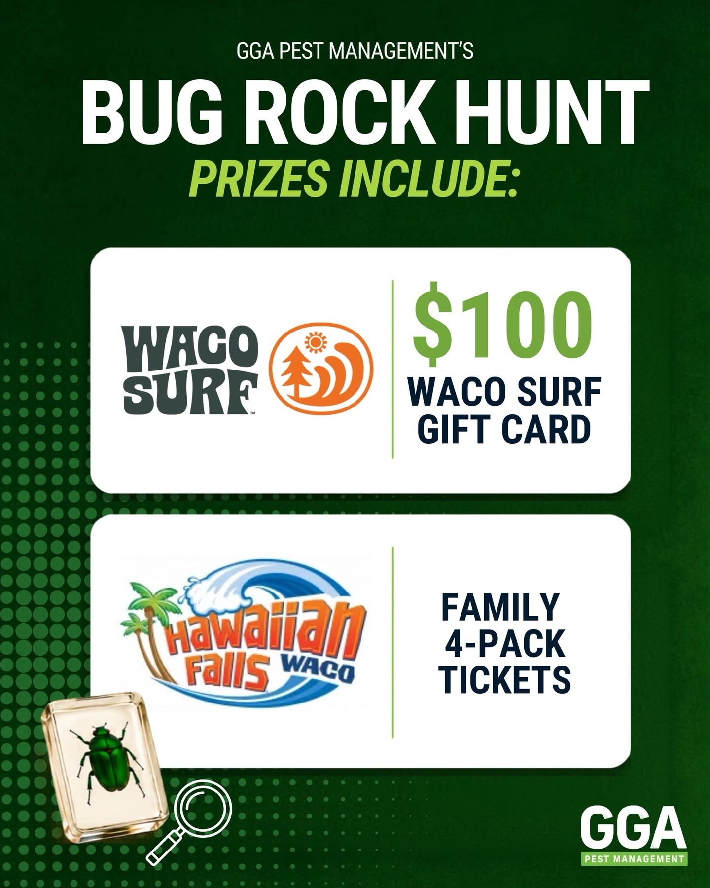🎉The prizes are here!🎉 Our Summer Family Fun “Bug Rock” Scavenger Hunt is happening next Wednesday, August 5, and here’s what you’ll have a chance to win!👇🔍

⭐ $75 Cinemark Gift Card
⭐ Hawaiian Falls Waco Family 4-Pack
⭐ Concert Tickets to The Backyard
⭐ $50 Topgolf Gift Card
⭐ Main Event Family Package
⭐ Mayborn Museum Family 4-Pack
⭐ Tickets to Waco Escape Rooms
⭐ $100 Waco Surf Gift Card

Here’s what you need to know:
Date: Wednesday, August 5
Location: TBA 

We’ll be hiding 8 rocks (with bugs inside!), and each rock is tied to one of these prizes! Find one, bring it to our office, and claim the prize attached to your rock.

👀 Make sure you’re following our social media pages! We’ll reveal the hunt location the morning of August 5 and share any important event updates before the hunt begins.

Tag your Bug Rock Hunt teammate below! ⬇️🕷️🔍

