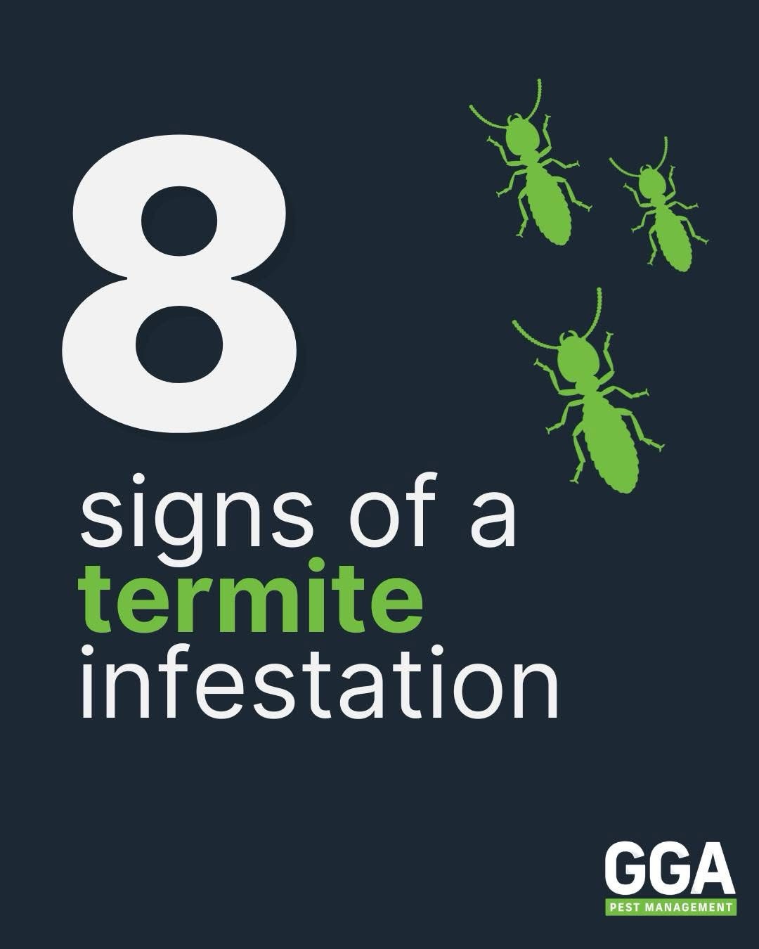 👀 It’s Termite Awareness Week! Termites cause billions of dollars in property damage every year - and most of it happens quietly, behind walls and under floors. The key? Catching it early.

Here are 8 signs of a termite infestation to watch for: 👇

1️⃣ Damaged wood flooring
2️⃣ Hollowed or soft wood
3️⃣ Swarmers (flying termites) around your home
4️⃣ Piles of discarded termite wings
5️⃣ Mud tubes along foundations or walls
6️⃣ Termite droppings that look like tiny pellets
7️⃣ Visible live termites
8️⃣ Damaged drywall or bubbling/peeling paint

If you notice any of these, don’t wait. Early detection can save you THOUSANDS in repairs.

Schedule your FREE termite inspection online today. ggapest.com

