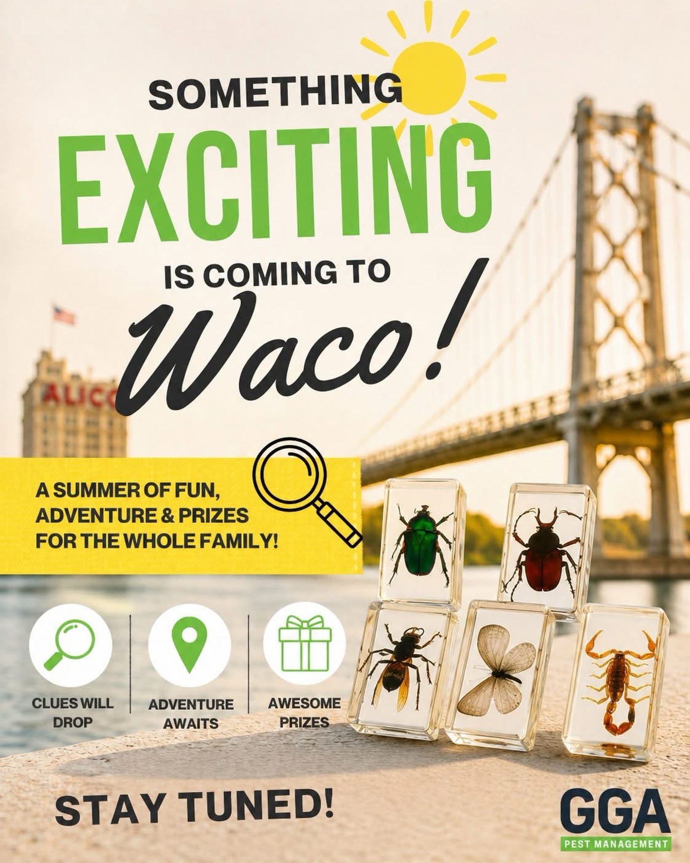 🔎 Waco, get ready...a family fun scavenger hunt is coming this summer! ☀

Starting next week, we’ll be hiding “bug rocks” around downtown Waco. Find one, bring it to our office, and you could win fun family prizes from some of Waco’s favorite local attractions.

We’ll be sharing all the details, prizes, and clues soon, so stay tuned and start assembling your team of Bug Hunters now. 👀🕷️🔎

