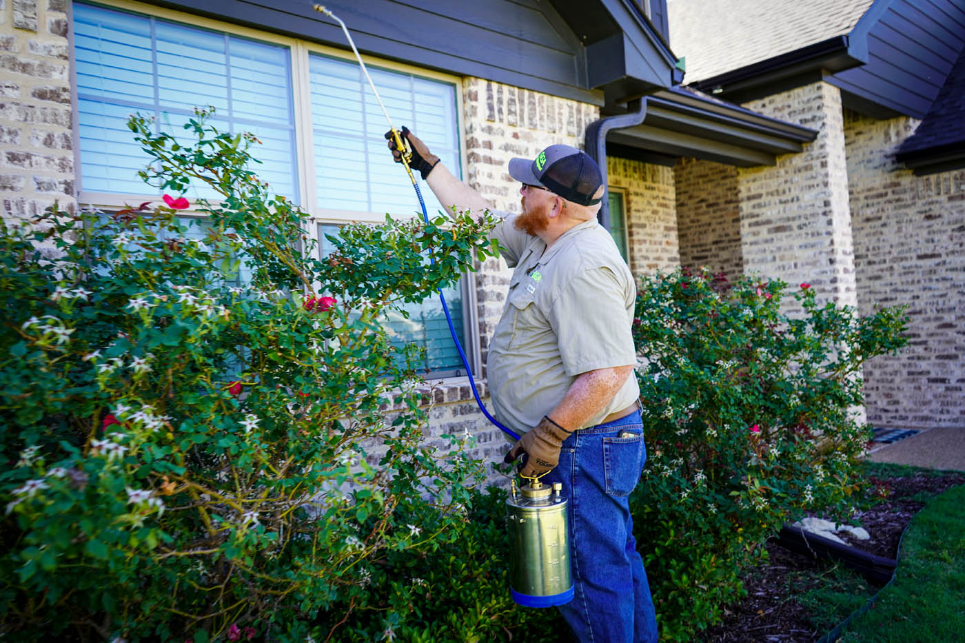 A GGA Pest Management technician looking at home windows in Temple, TX.